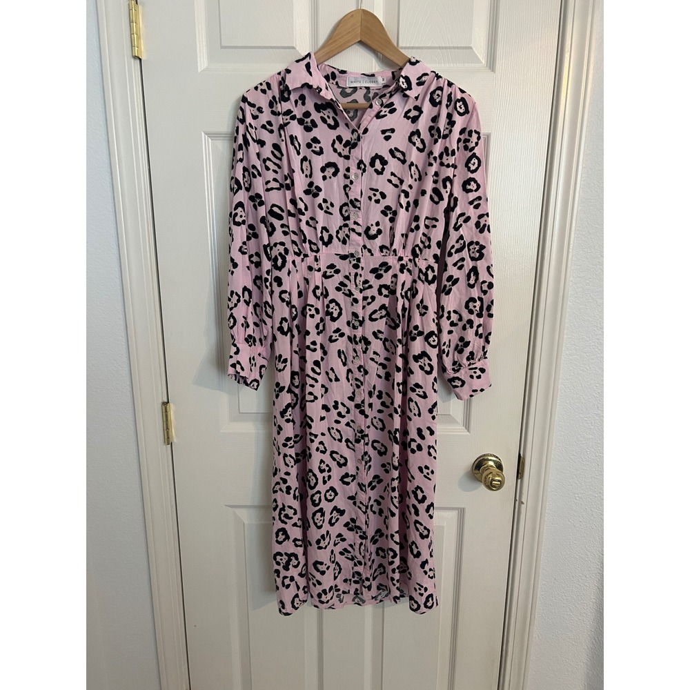 Pink Leopard Print Midi Shirt Dress White Closet M Rayon Button Front